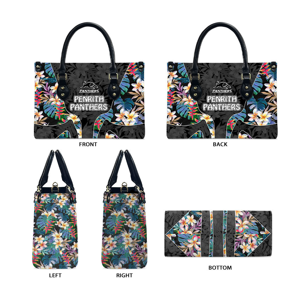Penrith Panthers Leather Bag Tropical Hibiscus Floral Pattern With Black And Grey Accents