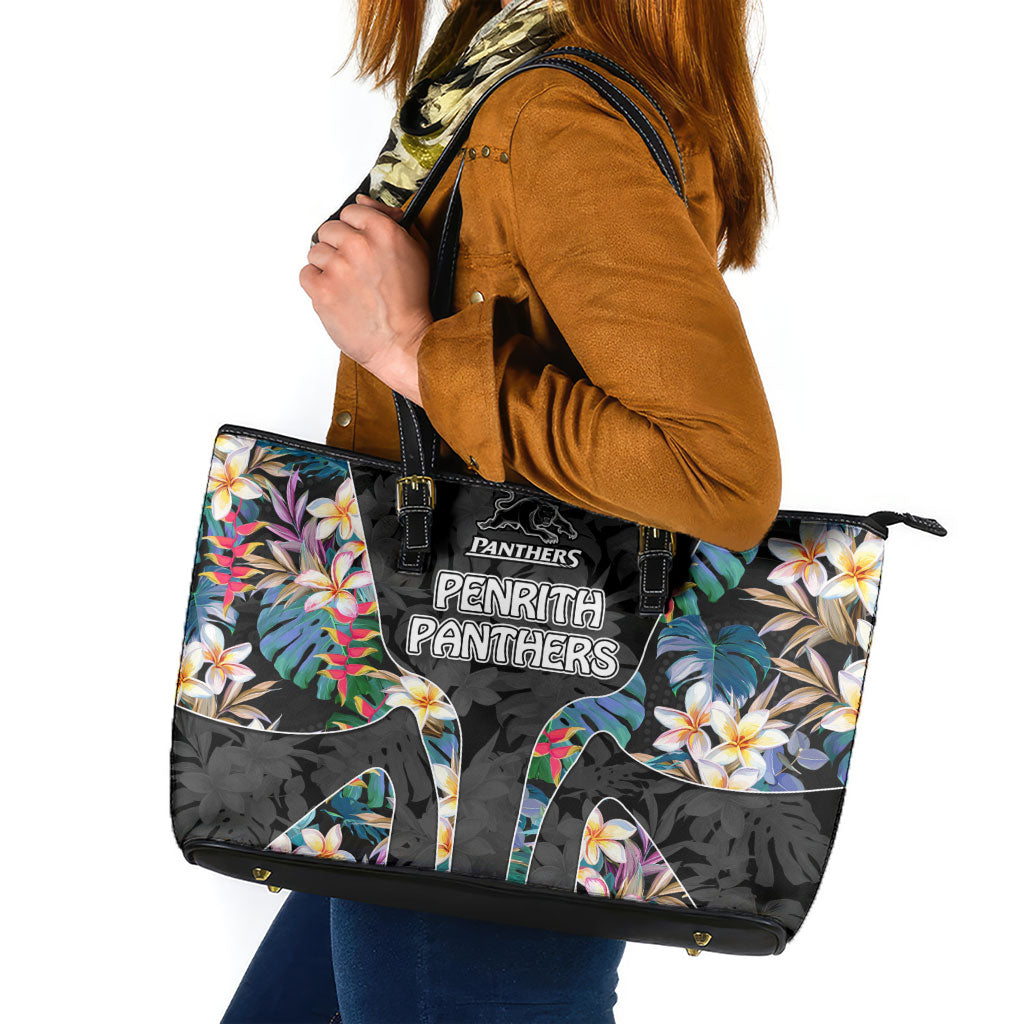 Penrith Panthers Leather Tote Bag Tropical Hibiscus Floral Pattern With Black And Grey Accents
