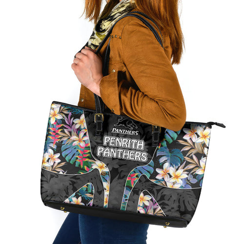 Penrith Panthers Leather Tote Bag Tropical Hibiscus Floral Pattern With Black And Grey Accents