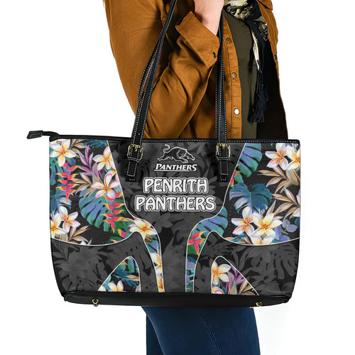 Penrith Panthers Leather Tote Bag Tropical Hibiscus Floral Pattern With Black And Grey Accents