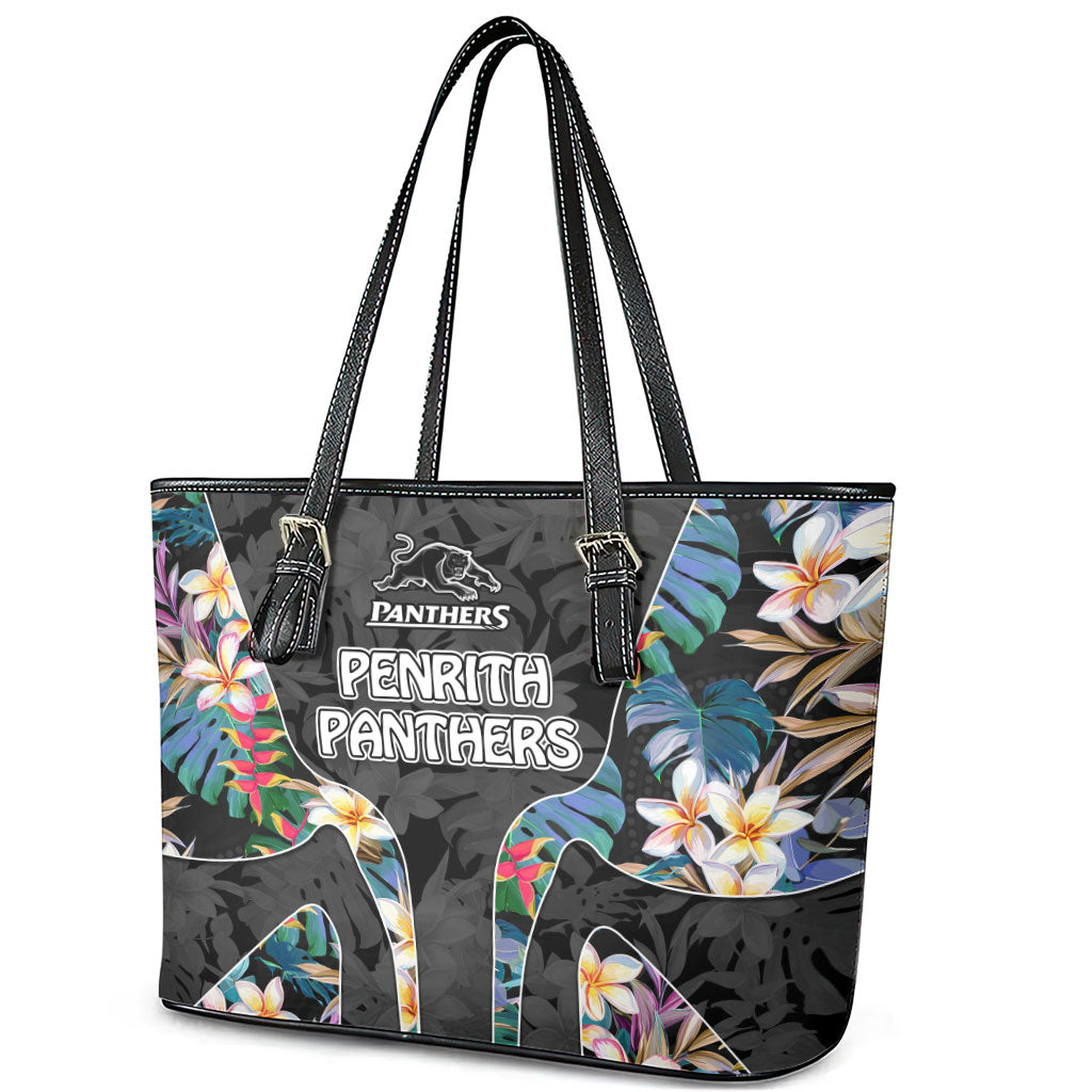 Penrith Panthers Leather Tote Bag Tropical Hibiscus Floral Pattern With Black And Grey Accents