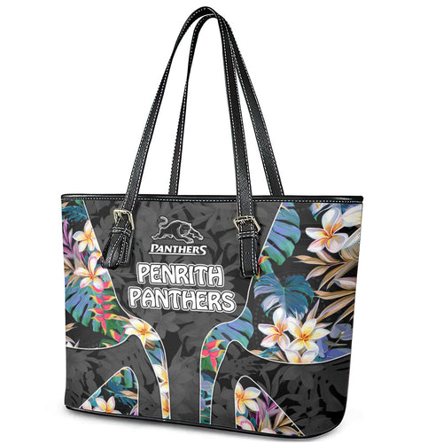 Penrith Panthers Leather Tote Bag Tropical Hibiscus Floral Pattern With Black And Grey Accents