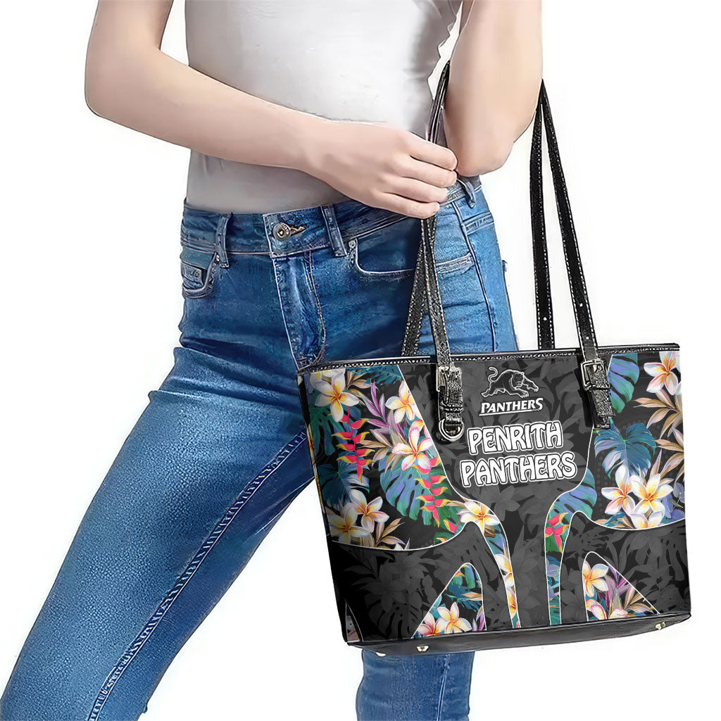 Penrith Panthers Leather Tote Bag Tropical Hibiscus Floral Pattern With Black And Grey Accents