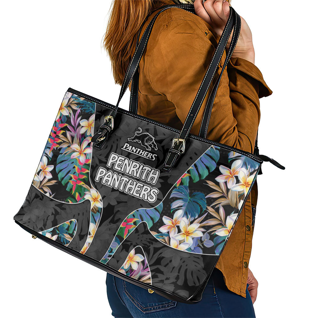 Penrith Panthers Leather Tote Bag Tropical Hibiscus Floral Pattern With Black And Grey Accents