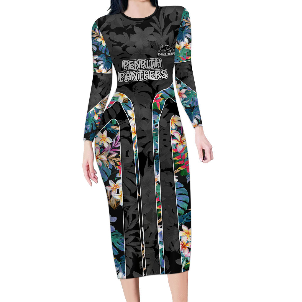 Penrith Panthers Long Sleeve Bodycon Dress Tropical Hibiscus Floral Pattern With Black And Grey Accents