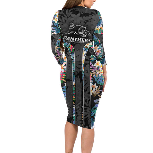 Penrith Panthers Long Sleeve Bodycon Dress Tropical Hibiscus Floral Pattern With Black And Grey Accents