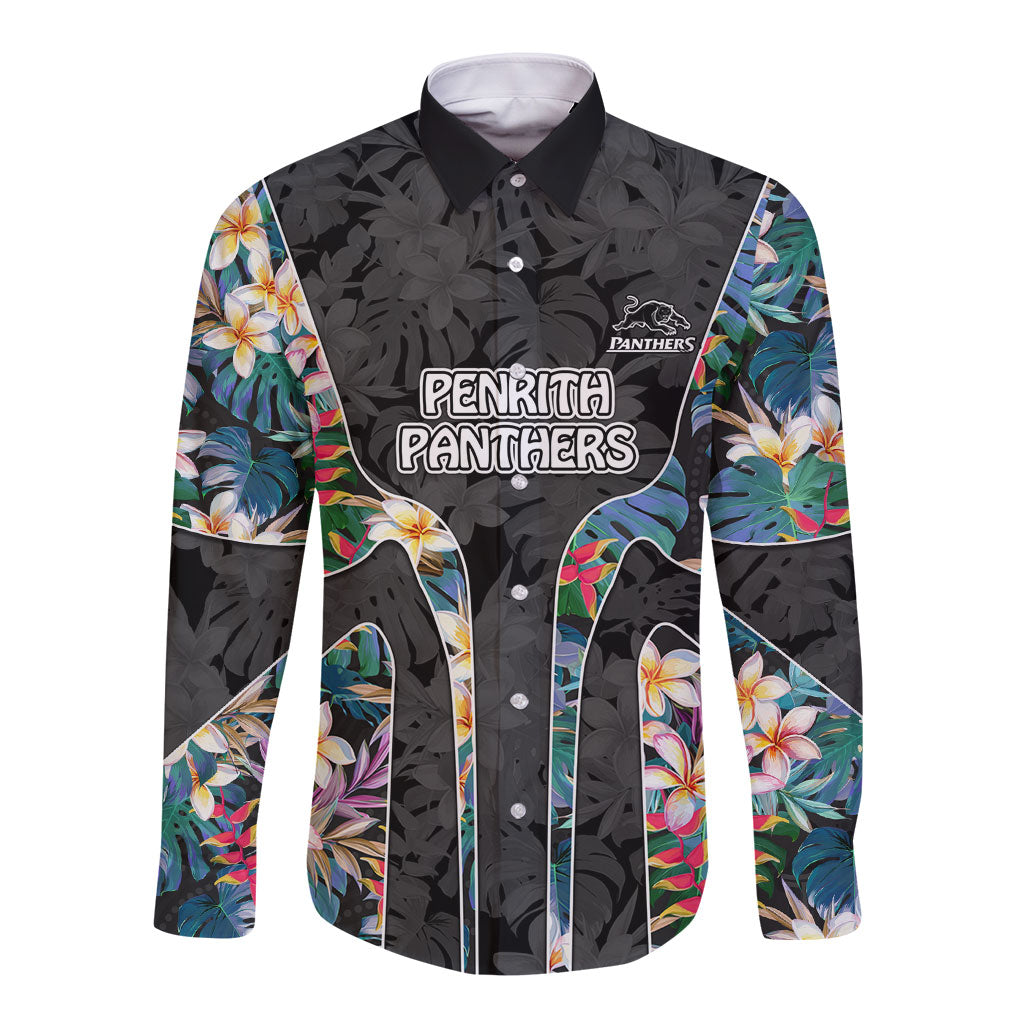 Penrith Panthers Long Sleeve Button Shirt Tropical Hibiscus Floral Pattern With Black And Grey Accents