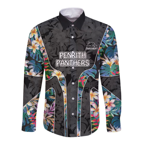 Penrith Panthers Long Sleeve Button Shirt Tropical Hibiscus Floral Pattern With Black And Grey Accents