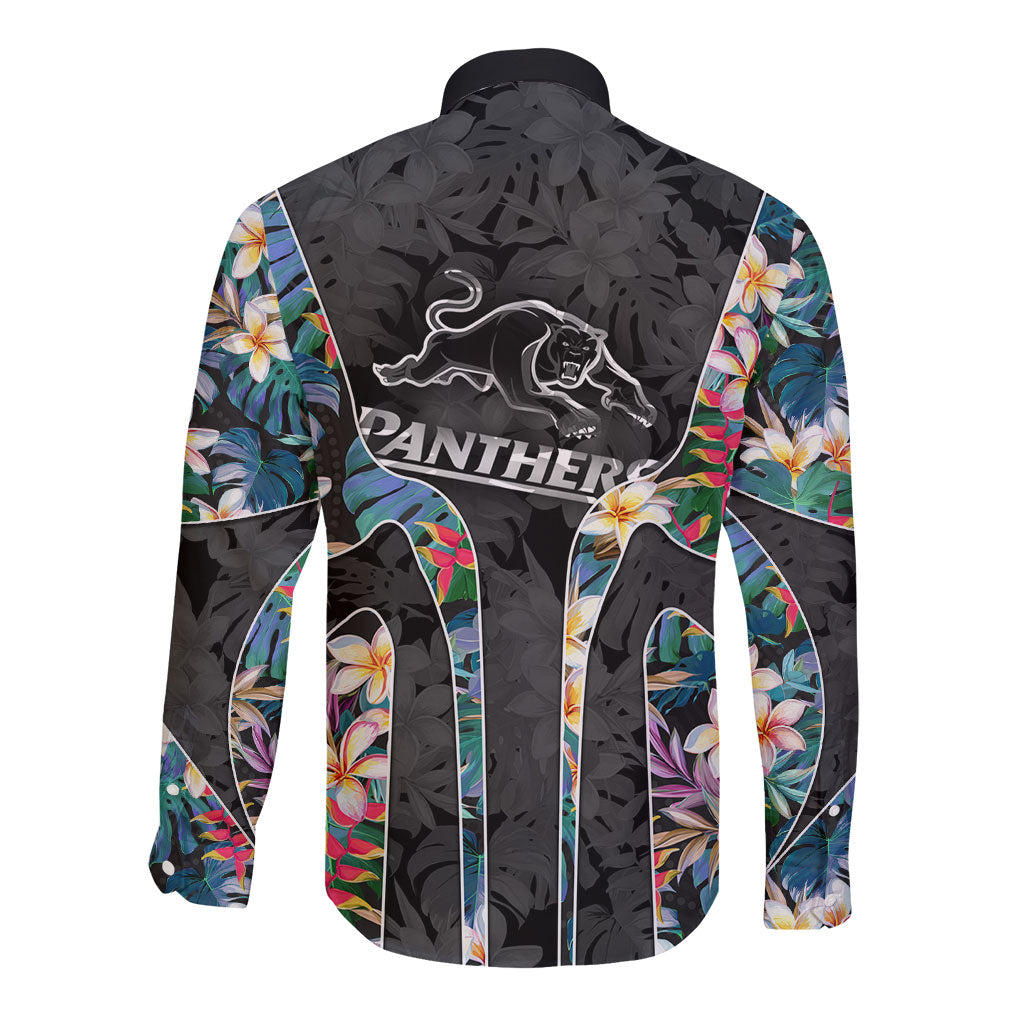Penrith Panthers Long Sleeve Button Shirt Tropical Hibiscus Floral Pattern With Black And Grey Accents