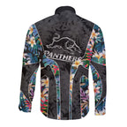 Penrith Panthers Long Sleeve Button Shirt Tropical Hibiscus Floral Pattern With Black And Grey Accents