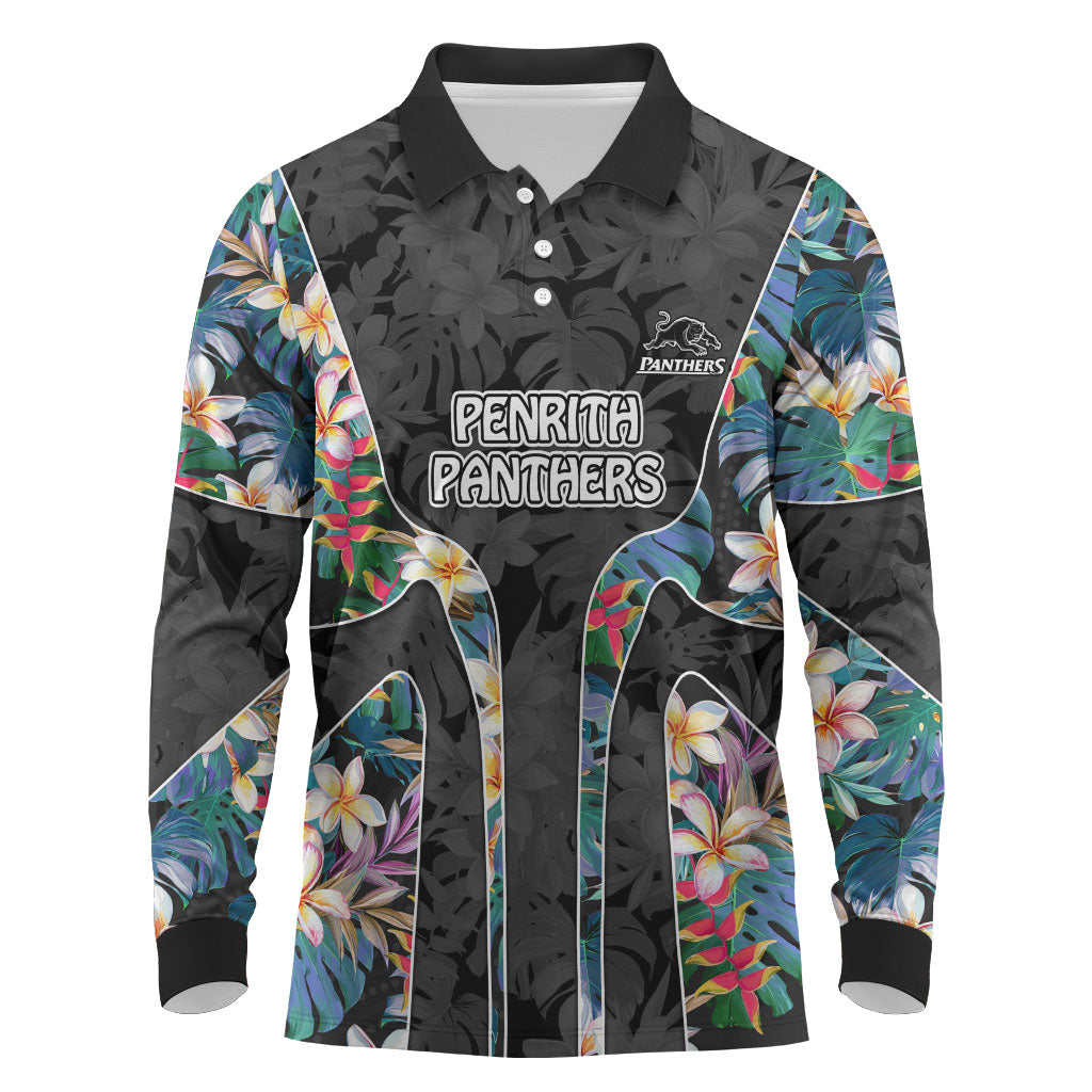 Penrith Panthers Long Sleeve Polo Shirt Tropical Hibiscus Floral Pattern With Black And Grey Accents