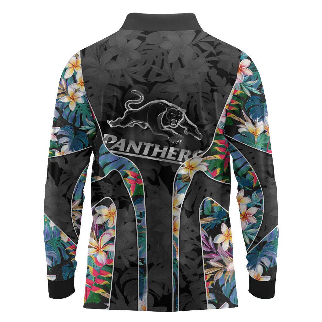 Penrith Panthers Long Sleeve Polo Shirt Tropical Hibiscus Floral Pattern With Black And Grey Accents