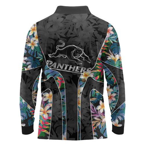 Penrith Panthers Long Sleeve Polo Shirt Tropical Hibiscus Floral Pattern With Black And Grey Accents
