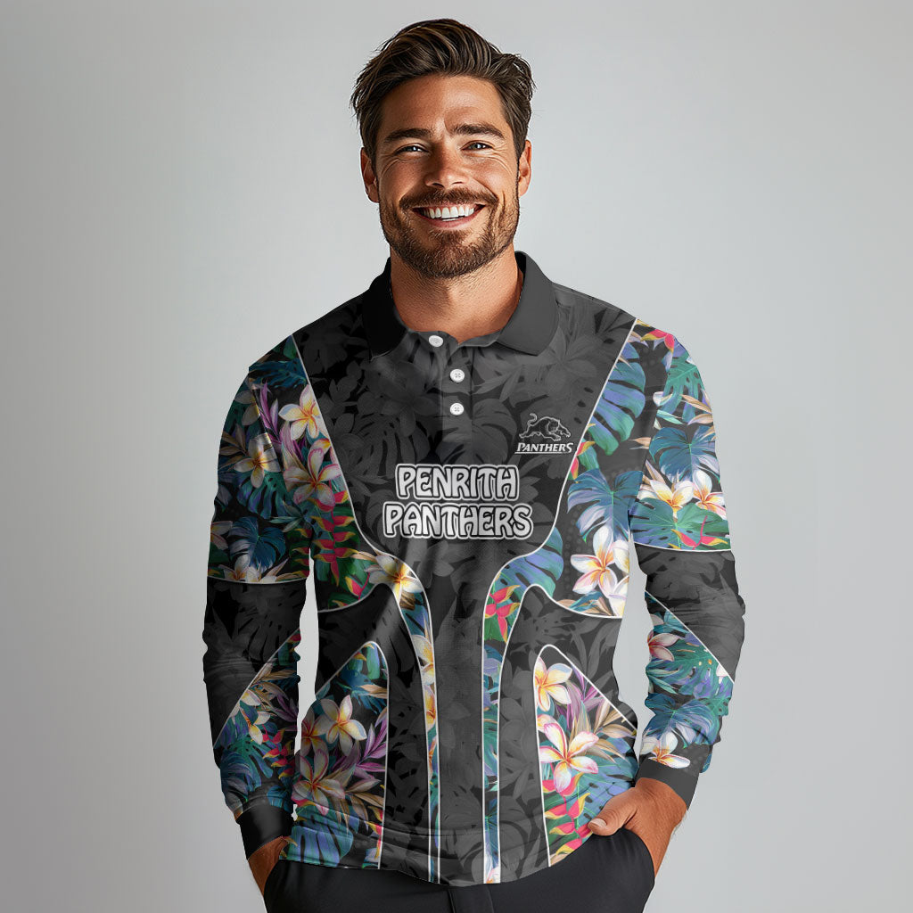 Penrith Panthers Long Sleeve Polo Shirt Tropical Hibiscus Floral Pattern With Black And Grey Accents
