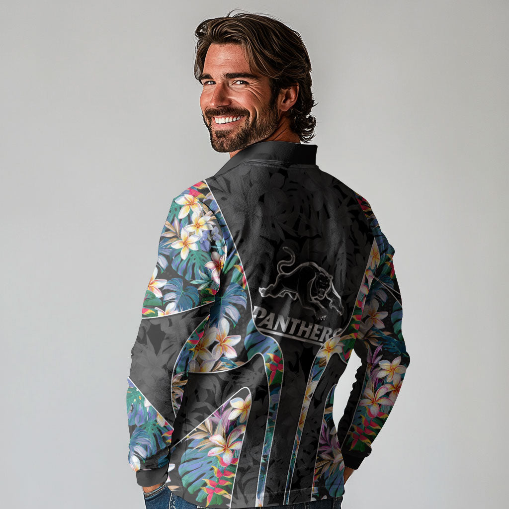 Penrith Panthers Long Sleeve Polo Shirt Tropical Hibiscus Floral Pattern With Black And Grey Accents