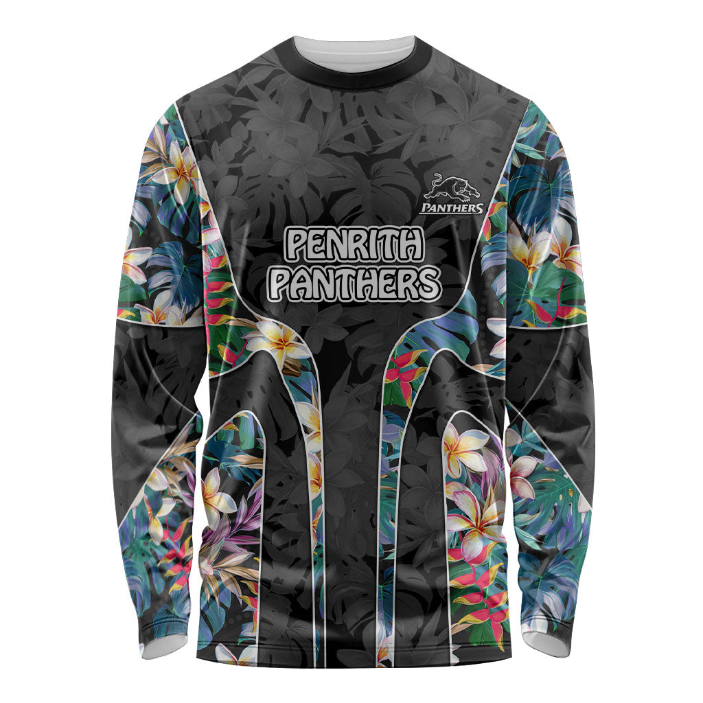 Penrith Panthers Long Sleeve Shirt Tropical Hibiscus Floral Pattern With Black And Grey Accents