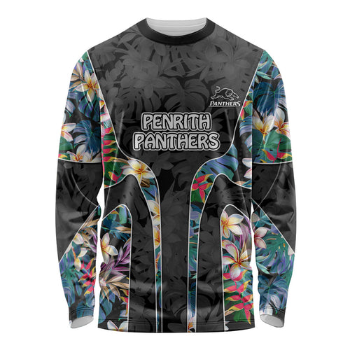 Penrith Panthers Long Sleeve Shirt Tropical Hibiscus Floral Pattern With Black And Grey Accents