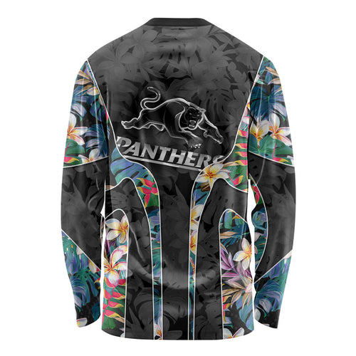 Penrith Panthers Long Sleeve Shirt Tropical Hibiscus Floral Pattern With Black And Grey Accents