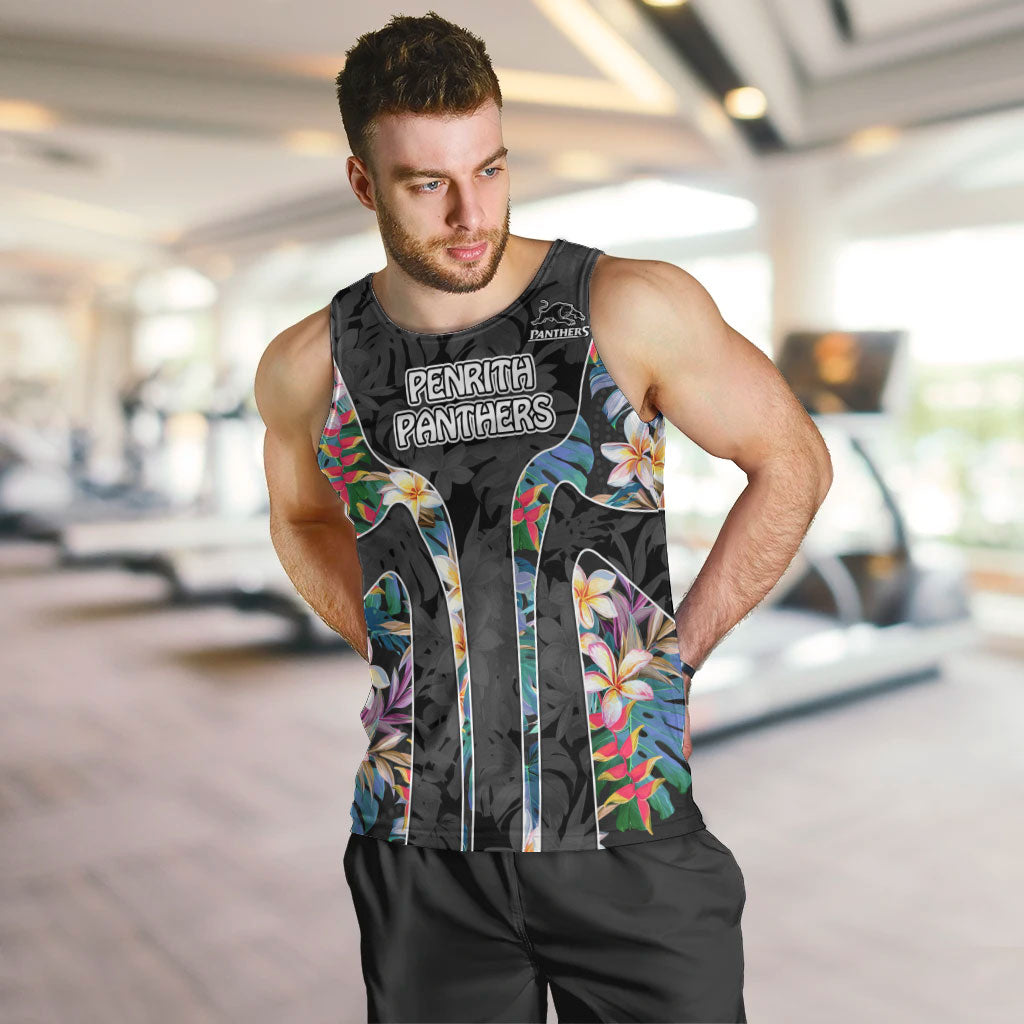 Penrith Panthers Men Tank Top Tropical Hibiscus Floral Pattern With Black And Grey Accents