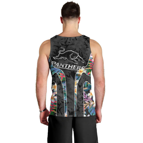 Penrith Panthers Men Tank Top Tropical Hibiscus Floral Pattern With Black And Grey Accents
