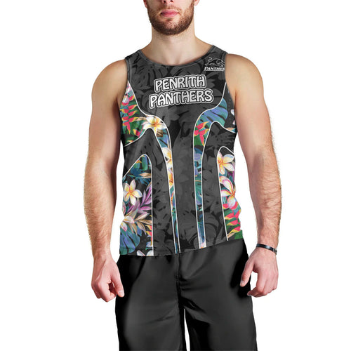Penrith Panthers Men Tank Top Tropical Hibiscus Floral Pattern With Black And Grey Accents
