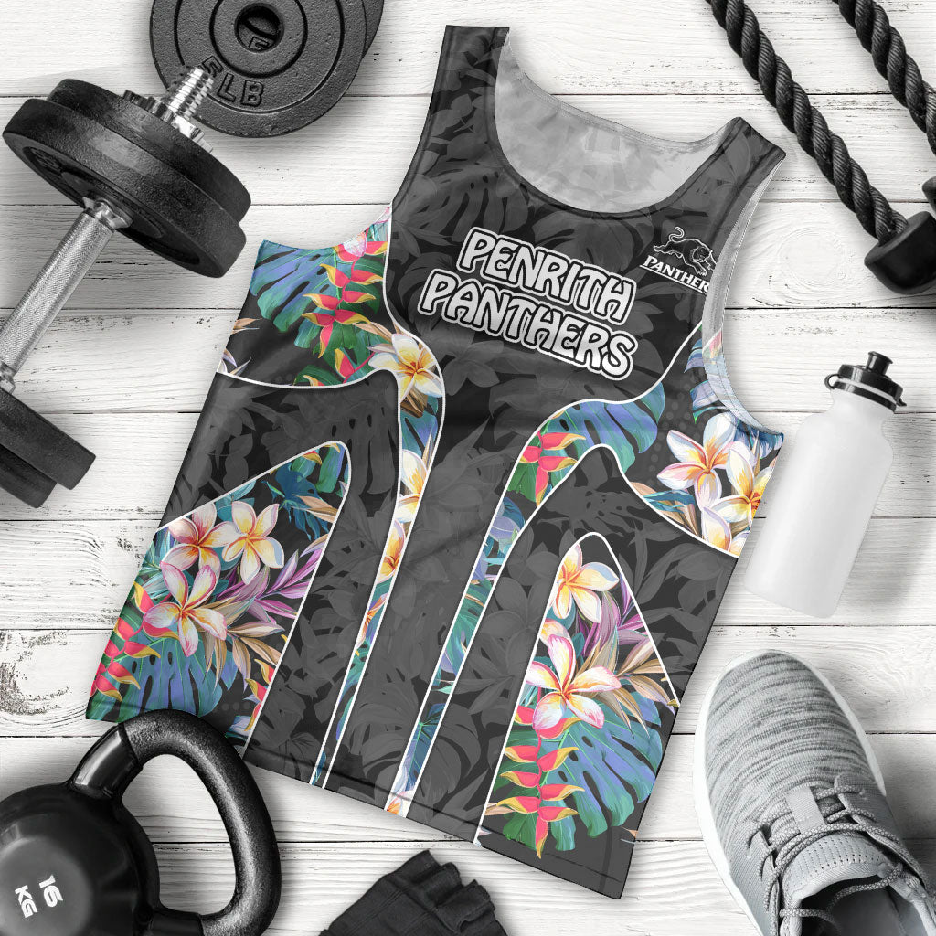 Penrith Panthers Men Tank Top Tropical Hibiscus Floral Pattern With Black And Grey Accents