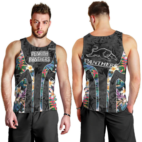 Penrith Panthers Men Tank Top Tropical Hibiscus Floral Pattern With Black And Grey Accents