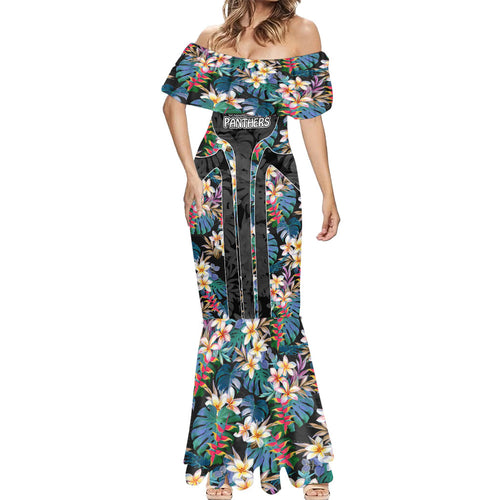 Penrith Panthers Mermaid Dress Tropical Hibiscus Floral Pattern With Black And Grey Accents