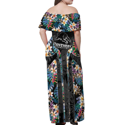 Penrith Panthers Off Shoulder Maxi Dress Tropical Hibiscus Floral Pattern With Black And Grey Accents