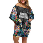 Penrith Panthers Off Shoulder Short Dress Tropical Hibiscus Floral Pattern With Black And Grey Accents
