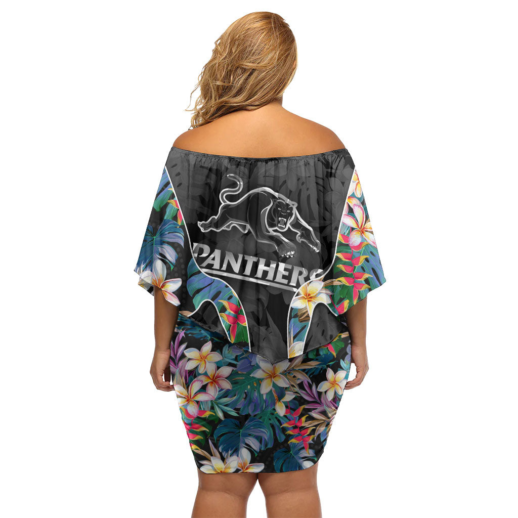 Penrith Panthers Off Shoulder Short Dress Tropical Hibiscus Floral Pattern With Black And Grey Accents