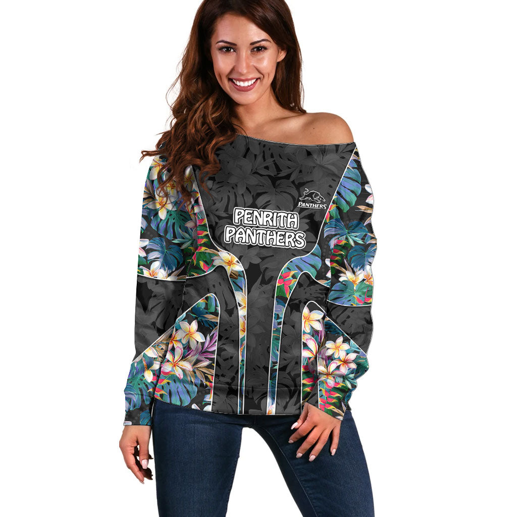 Penrith Panthers Off Shoulder Sweater Tropical Hibiscus Floral Pattern With Black And Grey Accents