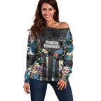 Penrith Panthers Off Shoulder Sweater Tropical Hibiscus Floral Pattern With Black And Grey Accents