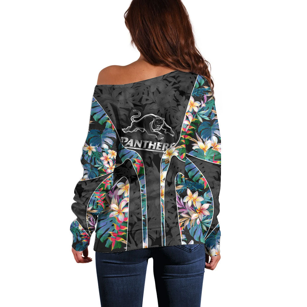 Penrith Panthers Off Shoulder Sweater Tropical Hibiscus Floral Pattern With Black And Grey Accents