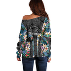 Penrith Panthers Off Shoulder Sweater Tropical Hibiscus Floral Pattern With Black And Grey Accents