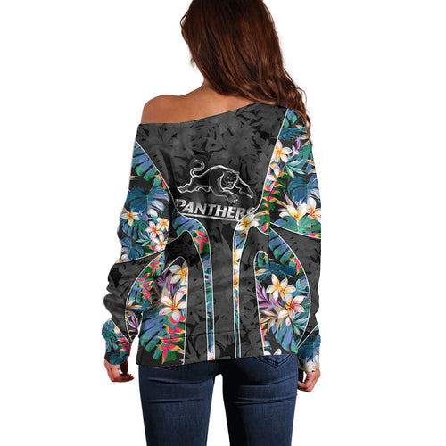 Penrith Panthers Off Shoulder Sweater Tropical Hibiscus Floral Pattern With Black And Grey Accents