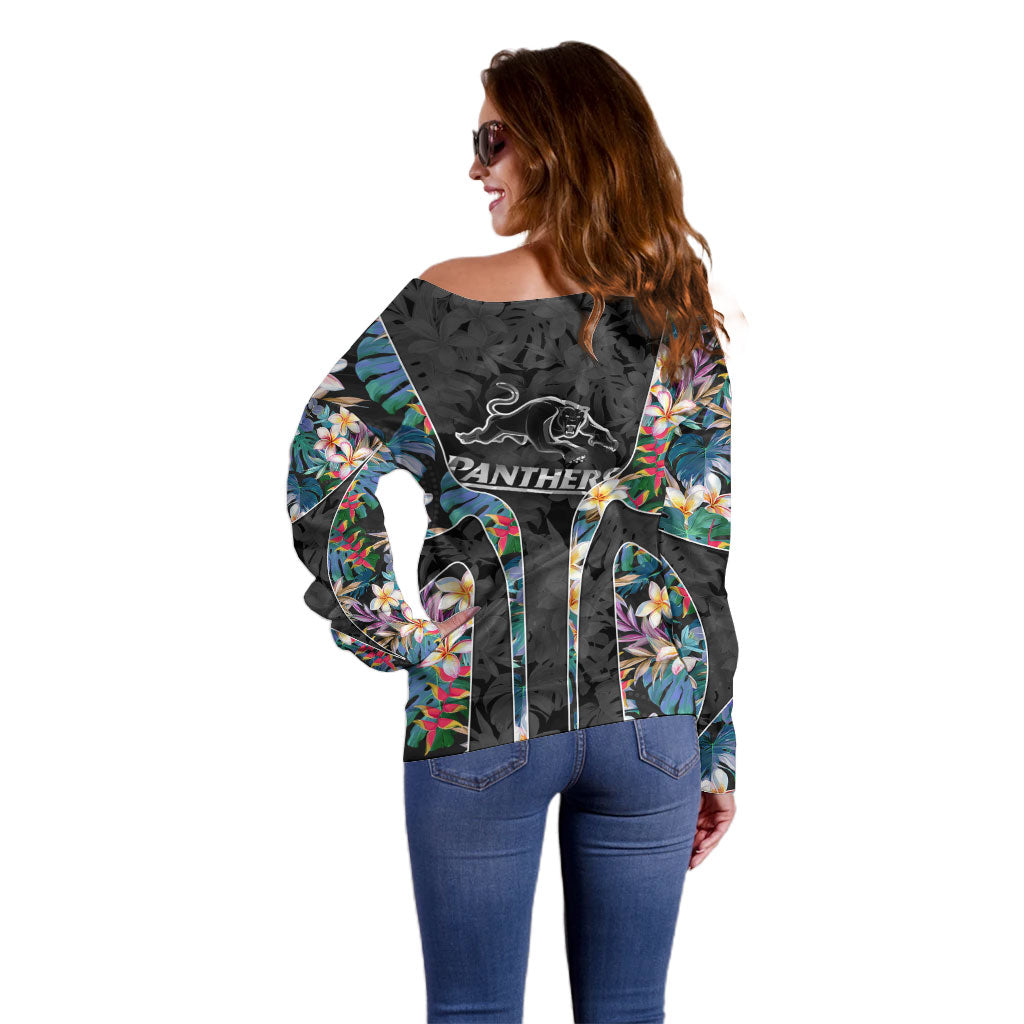 Penrith Panthers Off Shoulder Sweater Tropical Hibiscus Floral Pattern With Black And Grey Accents