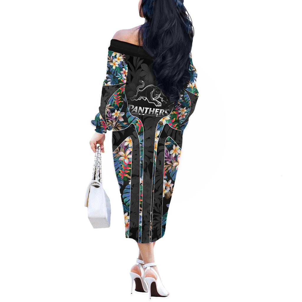 Penrith Panthers Off The Shoulder Long Sleeve Dress Tropical Hibiscus Floral Pattern With Black And Grey Accents