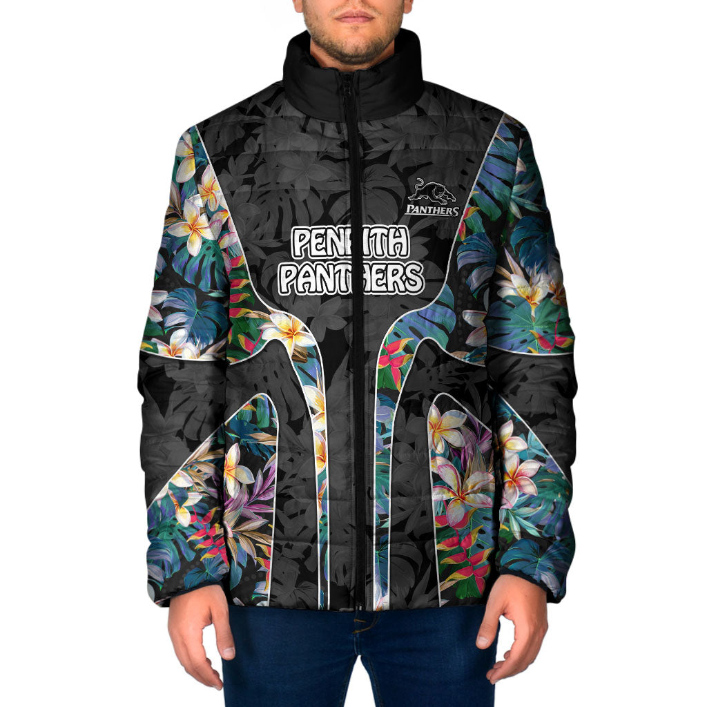 Penrith Panthers Padded Jacket Tropical Hibiscus Floral Pattern With Black And Grey Accents