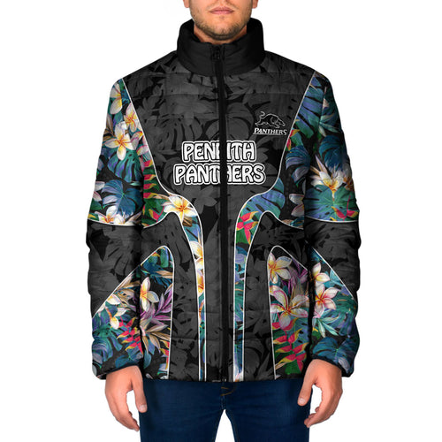 Penrith Panthers Padded Jacket Tropical Hibiscus Floral Pattern With Black And Grey Accents