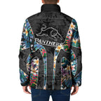 Penrith Panthers Padded Jacket Tropical Hibiscus Floral Pattern With Black And Grey Accents