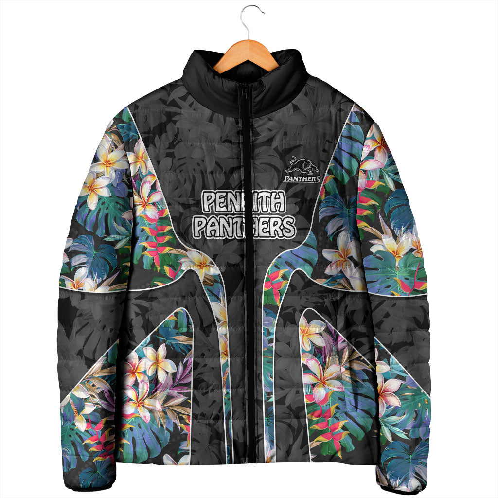 Penrith Panthers Padded Jacket Tropical Hibiscus Floral Pattern With Black And Grey Accents