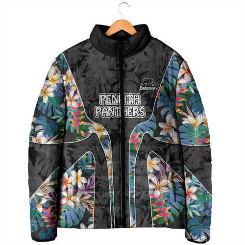 Penrith Panthers Padded Jacket Tropical Hibiscus Floral Pattern With Black And Grey Accents