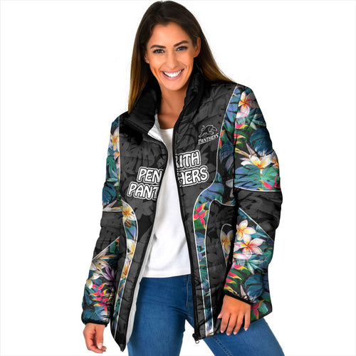 Penrith Panthers Padded Jacket Tropical Hibiscus Floral Pattern With Black And Grey Accents
