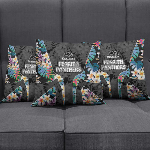 Penrith Panthers Pillow Cover Tropical Hibiscus Floral Pattern With Black And Grey Accents