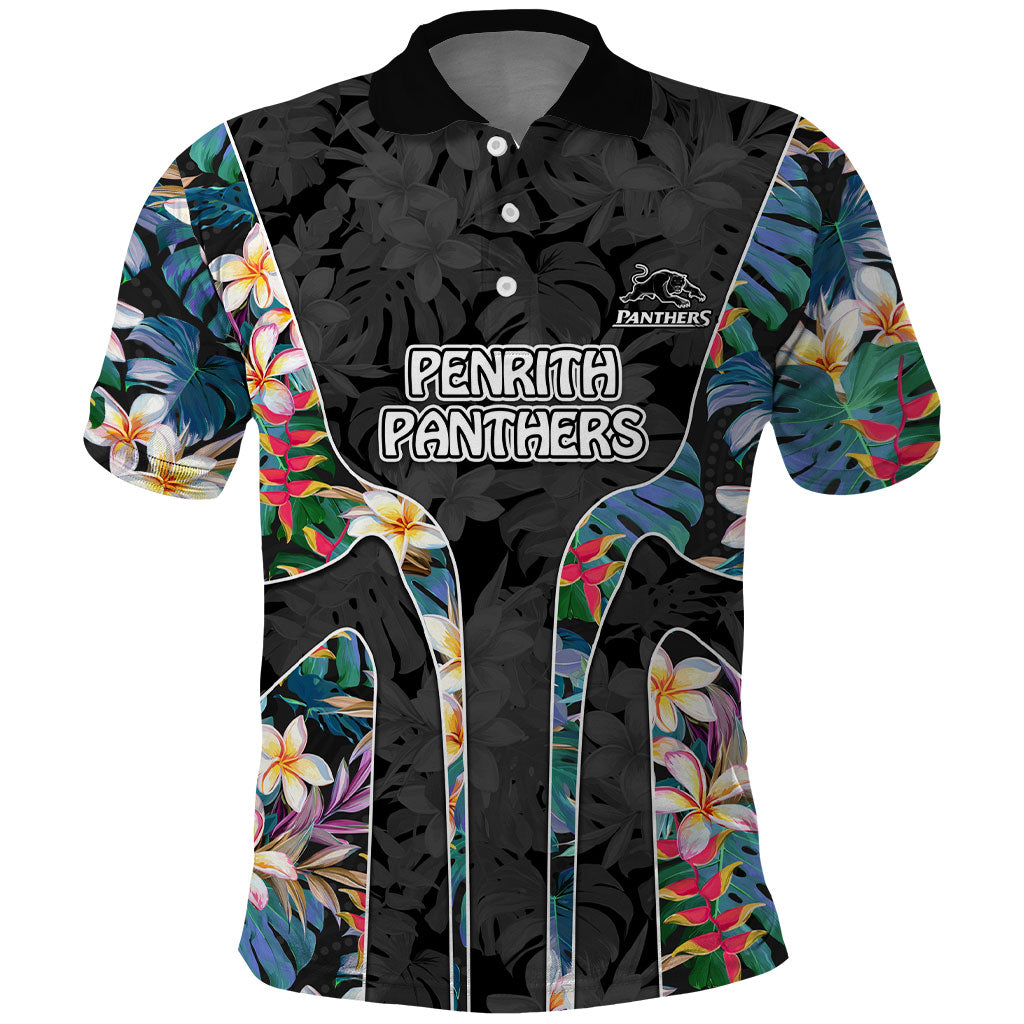Penrith Panthers Polo Shirt Tropical Hibiscus Floral Pattern With Black And Grey Accents