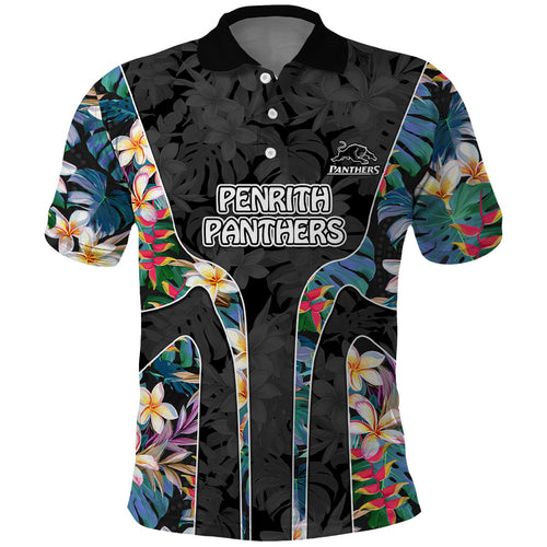 Penrith Panthers Polo Shirt Tropical Hibiscus Floral Pattern With Black And Grey Accents