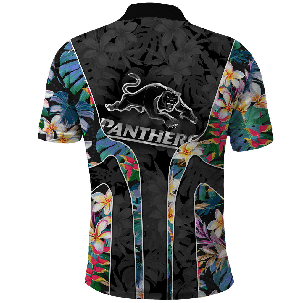Penrith Panthers Polo Shirt Tropical Hibiscus Floral Pattern With Black And Grey Accents