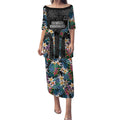 Penrith Panthers Puletasi Tropical Hibiscus Floral Pattern With Black And Grey Accents