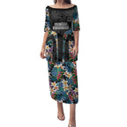 Penrith Panthers Puletasi Tropical Hibiscus Floral Pattern With Black And Grey Accents